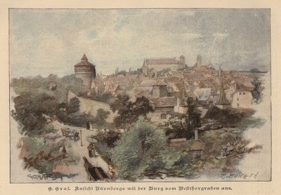 Nürnberg ve kalesinin görünümü, Almanya (renkli gravür) by European School