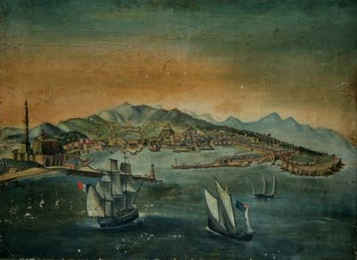 Bir burun üzerinde deniz feneri olan bir limanın görünümü, 1800 dolayları by European School