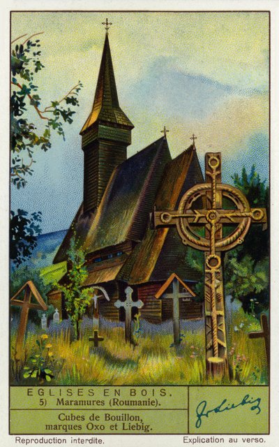 Ahşap kilise, Maramures, kuzey Romanya (chromolitho) by European School