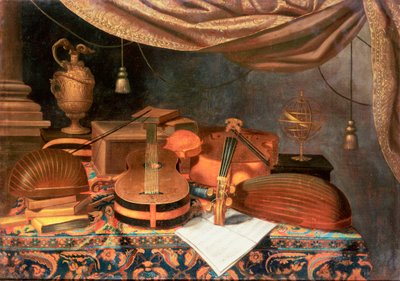Gitar, Viyolonsel, Lutlar, Müzik Notası ve Diğer Kitaplar, Dökümlü Masada Yaldızlı İbre ve Armillary Küre, Ötesinde Sütun ve Üstte Perde by Evaristo Baschenis