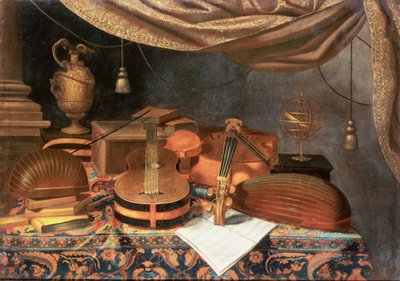 Bir gitar, bir çello, ud, bir müzik notası ve diğer kitaplar ve dökümlü bir masanın üzerinde bir silah küresi by Evaristo Baschenis