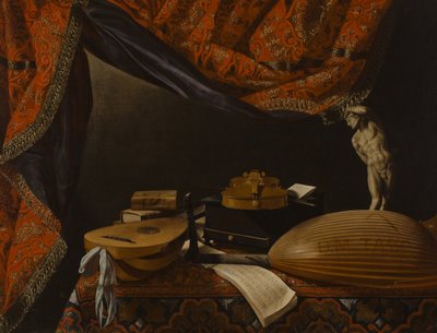 Müzik Aletleri, Kitaplar ve Heykel ile Natürmort, c. 1650 by Evaristo Baschenis