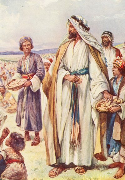 İsa Büyük Kalabalığı Besliyor (renkli taş baskı) by Evelyn Stuart Hardy