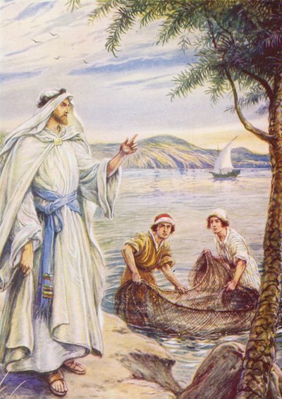Balıkçıyı çağıran İsa (renkli taş baskı) by Evelyn Stuart Hardy