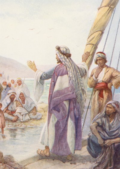 İsa Tekneden Öğretiyor (renkli taş baskı) by Evelyn Stuart Hardy
