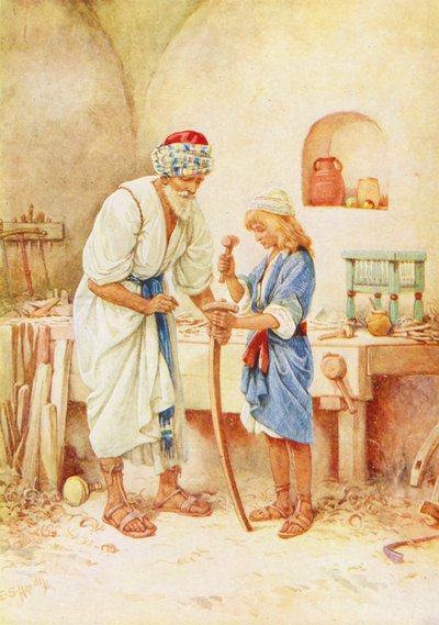 Marangoz Dükkanındaki Çocuk İsa (renkli taş baskı) by Evelyn Stuart Hardy