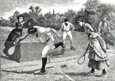 Dostane bir çiftler tenis maçını betimleyen gravür by Everard Hopkins