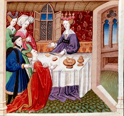 Iseult (veya Iseult), masasında oturan Kraliçe Guenevre