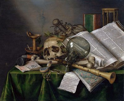 Vanitas - Kitaplar, El Yazmaları ve Kafatası ile Natürmort by Evert Collier