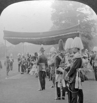 Kral taç giyme madalyalarını sunarken, Buckingham Sarayı, Londra. by Excelsior Stereoscopic Tours