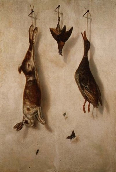 Bir duvarda asılı ölü oyunun natürmort by F.A. Brandel