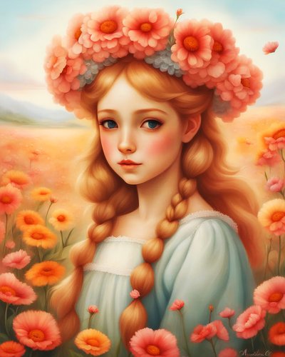 Güzel bir manzarada çiçeklerle süslenmiş bir kız, özel duvar sanatı baskıları by F. Abderrahim