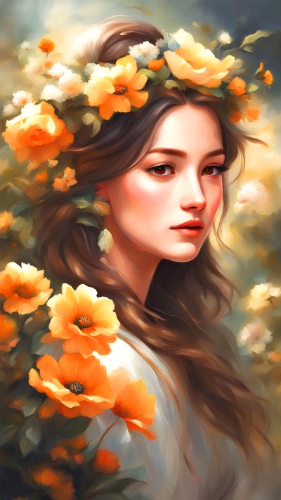 Güzel bir manzarada çiçeklerle süslenmiş bir kadın, duvar sanatı baskıları by F. Abderrahim