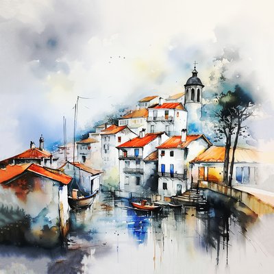 Soyut Suluboya Manzara, Köy ve Sokak boyama, salon ve oturma odası dekorasyonu by F. Abderrahim