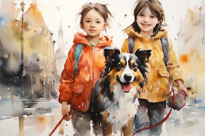 Köpek ve çocukların Suluboya Portre Tablosu, duvar sanatı dekoru, kanvas baskılar by F. Abderrahim