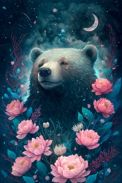 Çiçeklerle çevrili fantastik bir rüya sahnesinde ayı, çerçeveli poster baskıları by F. Abderrahim