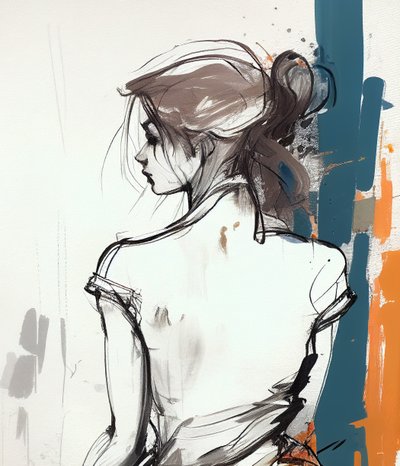 Arkadan kız çizimi, minimalist çizgilerle çizim, duvar sanatı baskıları by F. Abderrahim