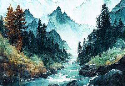 Nehirler ve tepelerle fantastik okyanus kenarı dağ ormanı, tuval sanat baskıları by F. Abderrahim