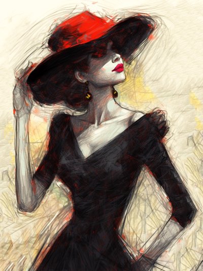 Kırmızı şapkalı moda kadını, soyut resim, modern duvar sanatı baskıları by F. Abderrahim