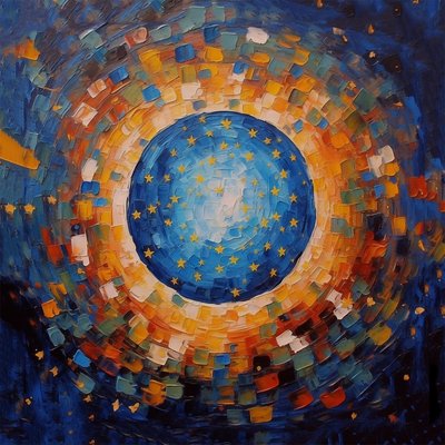 Gün batımı mozaik sanat tablosu, mavi ve turuncu, kanvas tablo, duvar dekorasyonu by F. Abderrahim