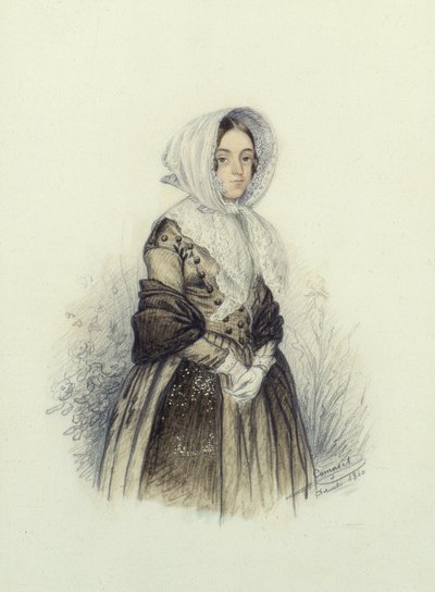 Beyaz Eldivenli Boneli Genç Bir Hanımın Portresi, 1840 (kağıt üzerinde wc ve kurşun kalem) by F. Camaret