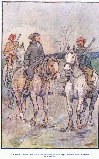 Eskort, tüfekler ve kılıçlarla silahlanmış kırmızı şapkalı vatanseverlerdi. by F. M. B. Blaikie