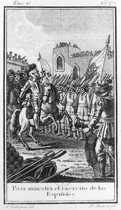 Hernando Cortes (1485-1547) Askerlerini İnceliyor, Antonio Rodriquez tarafından oyulmuş by F. Marti