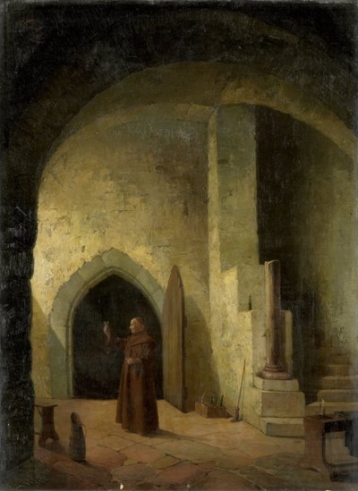Bir mahzende elinde bardak olan bir keşiş by F. Taupel