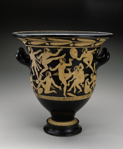 Beyaz figürlü Bell Krater, Dans Eden Satirler, MÖ 400-351 (pişmiş toprak) by Faliscan