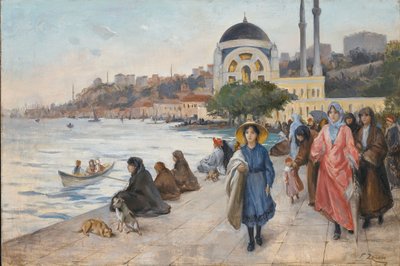 Boğaz kıyısında Mafalda, Arka planda Dolmabahçe Camii (tuval üzerine yağlı boya) by Fausto Zonaro