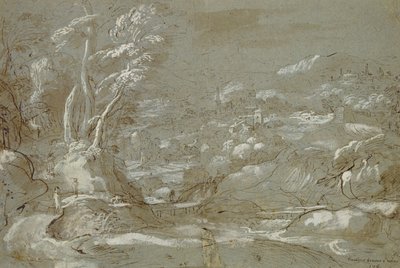 Manzara (beyaz vurgulu kağıt üzerinde kalem ve mürekkep) by Federico Fiori Barocci or Baroccio