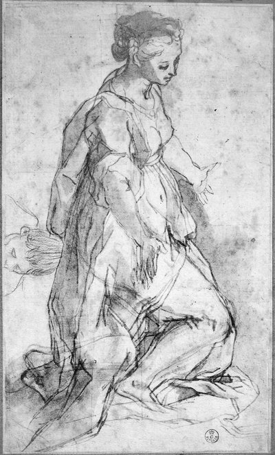 Bakire figürü için çalışma (siyah tebeşir ve kalem ve kağıt üzerinde yıkama ile mürekkep) by Federico Fiori Barocci or Baroccio