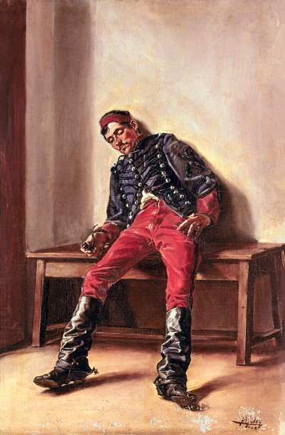 Cachot' Hücresinde uyuyan bir mahkum asker. Federico Godoy y Castro'nun (1869-1939) tablosu Uyarı! Bu çalışmanın kullanımı, üçüncü bir taraftan izin alınması talebine veya ek ücretlerin ödenmesine tabi olabilir. by Federico Godoy y Castro