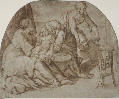 Bebek İsa, Meryem, Anna ve bir hizmetçi tarafından yıkanır. by Federico Zuccaro