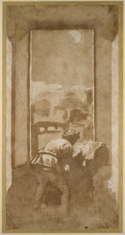 Bir Evin Penceresinden Ay Işığı ile çizim yapan adam (kağıt üzerinde yıkama ile kalem ve mürekkep) by Federico Zuccaro
