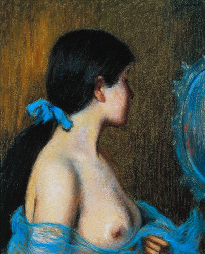 Aynadaki genç kadın, Federico Zandomeneghi (1841-1917), tuval üzerine monte edilmiş kağıt üzerine pastel, 46x38 cm by Federigo Zandomeneghi