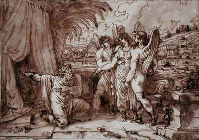 İbrahim ve Melekler (kalem ve kahverengi mürekkep, kağıt üzerinde kurşun kalem üzerine kahverengi yıkama) by Felice Giani