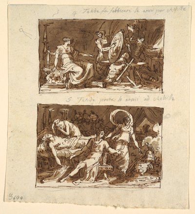Hephaestus'un Atölyesinde Thetis; Aşil'e Zırhı Gösteren Thetis: Galeria d'Iliade, Palazzo Milzetti, Faenza'daki Tavan Panelleri için İki Tasarım by Felice Giani