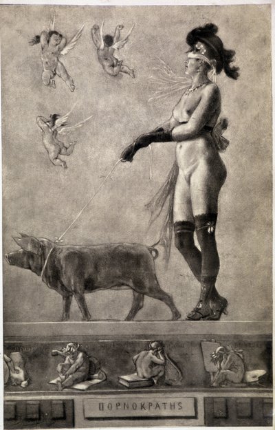 Pornokrates (Çıplak kadın, gözleri şeritler, meleklerle çevrili ve tasmalı bir domuz tutan) - Felicien Rops (1833-1898) tarafından çizim by Félicien Rops