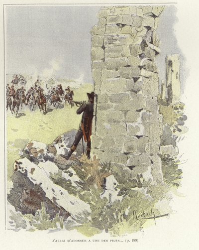 Yaklaşan saldırıya nişan alırken bir asker yıkık bir duvara yaslanıyor by Felicien baron de Myrbach Rheinfeld