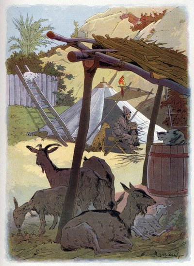 Robinson Crusoe hayvanlarıyla birlikte eve dönüyor. by Felicien baron de Myrbach Rheinfeld