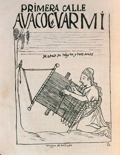 Tezgah kullanan bir kadın dokumacı (Mürekkep çizimi by Felipe Huaman Poma de Ayala