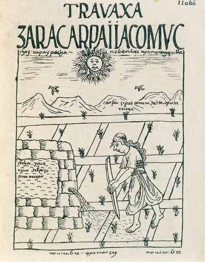 Kasım ayında tarlasını sulayan bir köylü (Mürekkep çizimi by Felipe Huaman Poma de Ayala