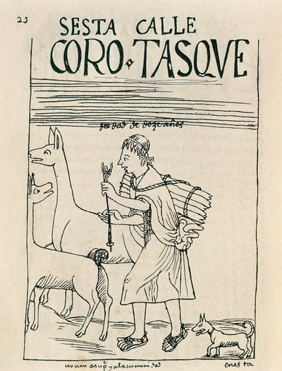 Lama güden ve odun toplayan genç bir adam (Mürekkep çizimi by Felipe Huaman Poma de Ayala