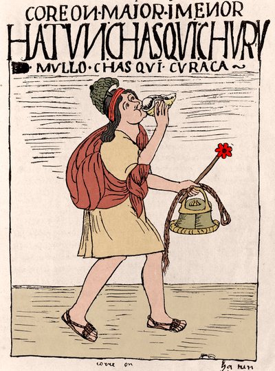 İnka İmparatorluğu: Bir Chasquis (veya Chaskis), sırtında bir qipi olan ve bir Quipu (Quipo, Quipou) tutan bir haberci koşucusu - Pututo çalıyor (deniz kabuğunda trompet) - “Nueva coronica y buen gobierno” el yazmasından mürekkep çizimi ”” Don Felipe Puma  by Felipe Huaman Poma de Ayala