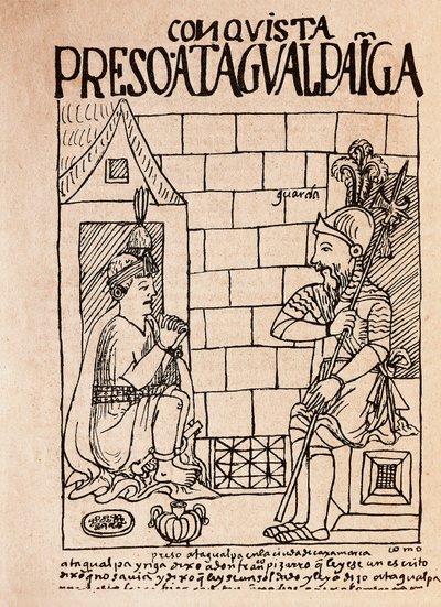 İnka imparatoru Atahualpa, Cajamarca'daki Conquistadores esiri (Mürekkep çizimi by Felipe Huaman Poma de Ayala