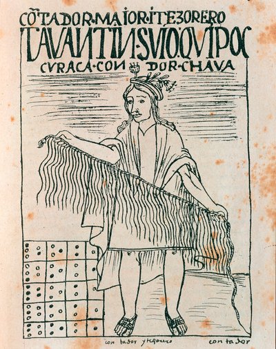 Quipu tutan İnka adamı: ipler ve düğümler kullanan muhasebe sistemi (Mürekkep çizimi by Felipe Huaman Poma de Ayala