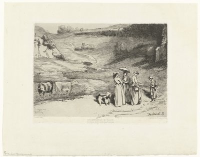 Genç kadınlar tepelik arazide çoban kıza para veriyor. Les demoiselles du köyleri (nesne üzerindeki başlık) by Felix Bracquemond