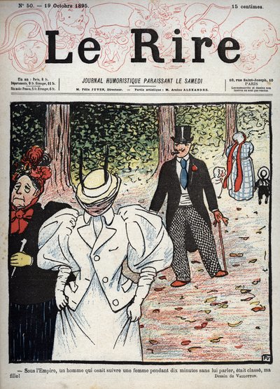 “Le Rire” gazetesinin kapağı, n°50, 10 Ekim 1895: İmparatorluğun altında, bir kadını on dakika boyunca onunla konuşmadan takip etmeye cesaret eden bir adam klastı kızım! “” Felix Vallotton tarafından Çizim by Felix Edouard Vallotton