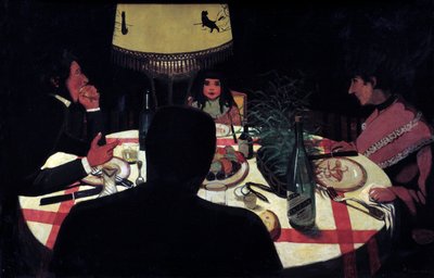 Akşam yemeği, lamba etkisi. Ressamın temsili eşini ve güzel çocuklarını çevreler. Felix Vallotton (1865-1925) Ec. Takip etmek by Felix Edouard Vallotton